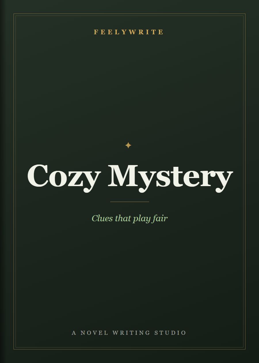 Book cover titled Cozy Mystery with the line “Clues that play fair”, from the FeelyWrite novel writing studio