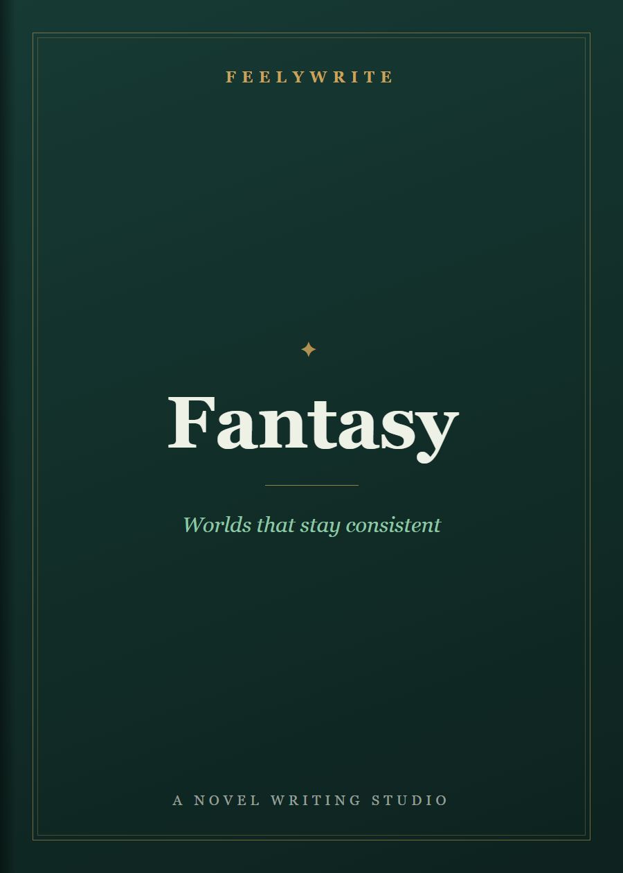 Fantasy book cover from FeelyWrite with the line “Worlds that stay consistent”