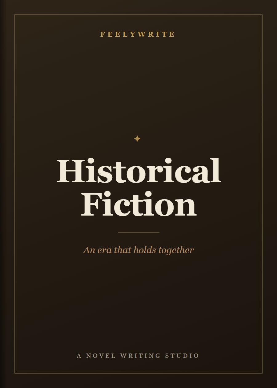 Book cover titled Historical Fiction with the line “An era that holds together”, from the FeelyWrite novel writing studio