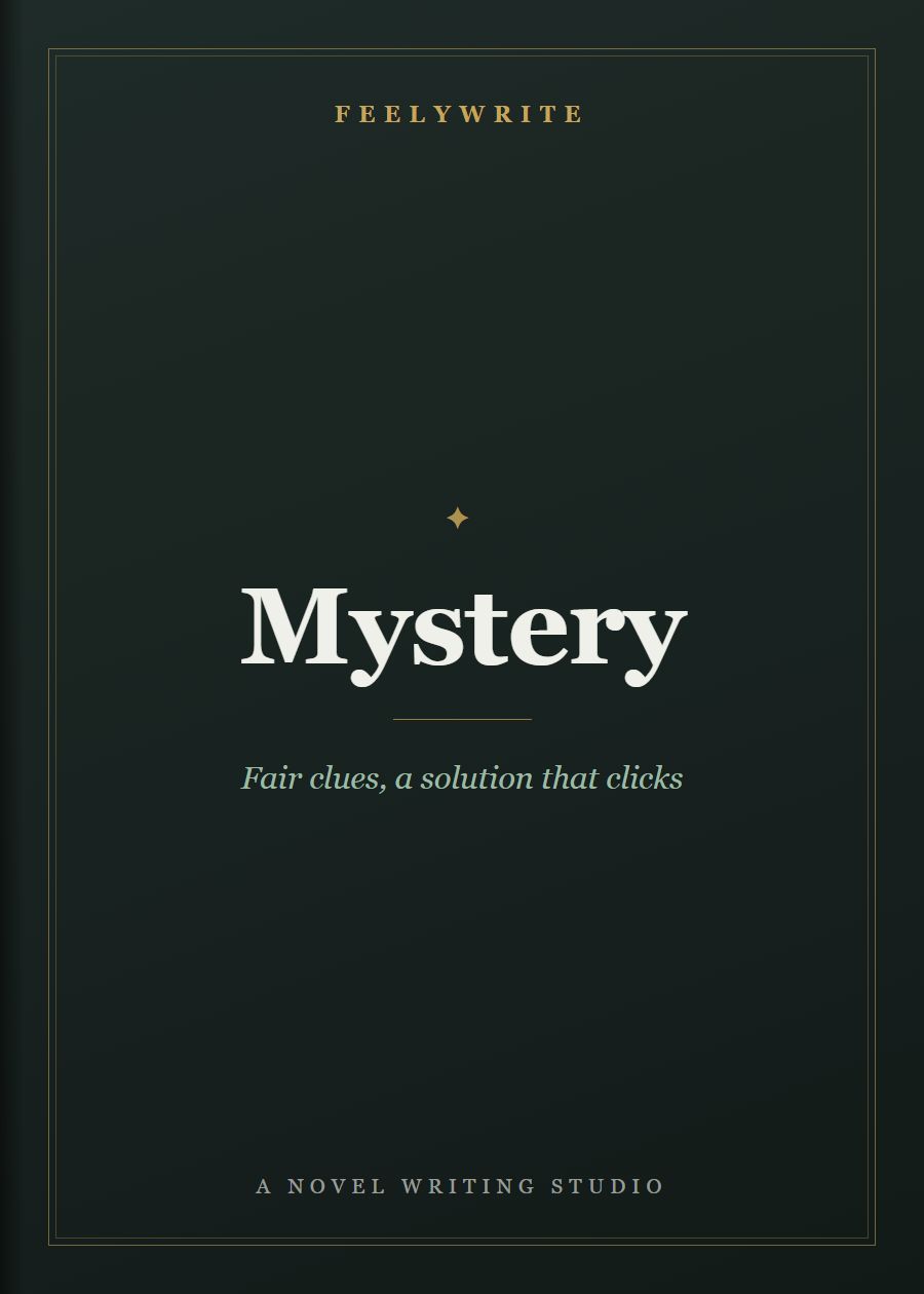 Mystery book cover from FeelyWrite with the line “Fair clues, a solution that clicks”