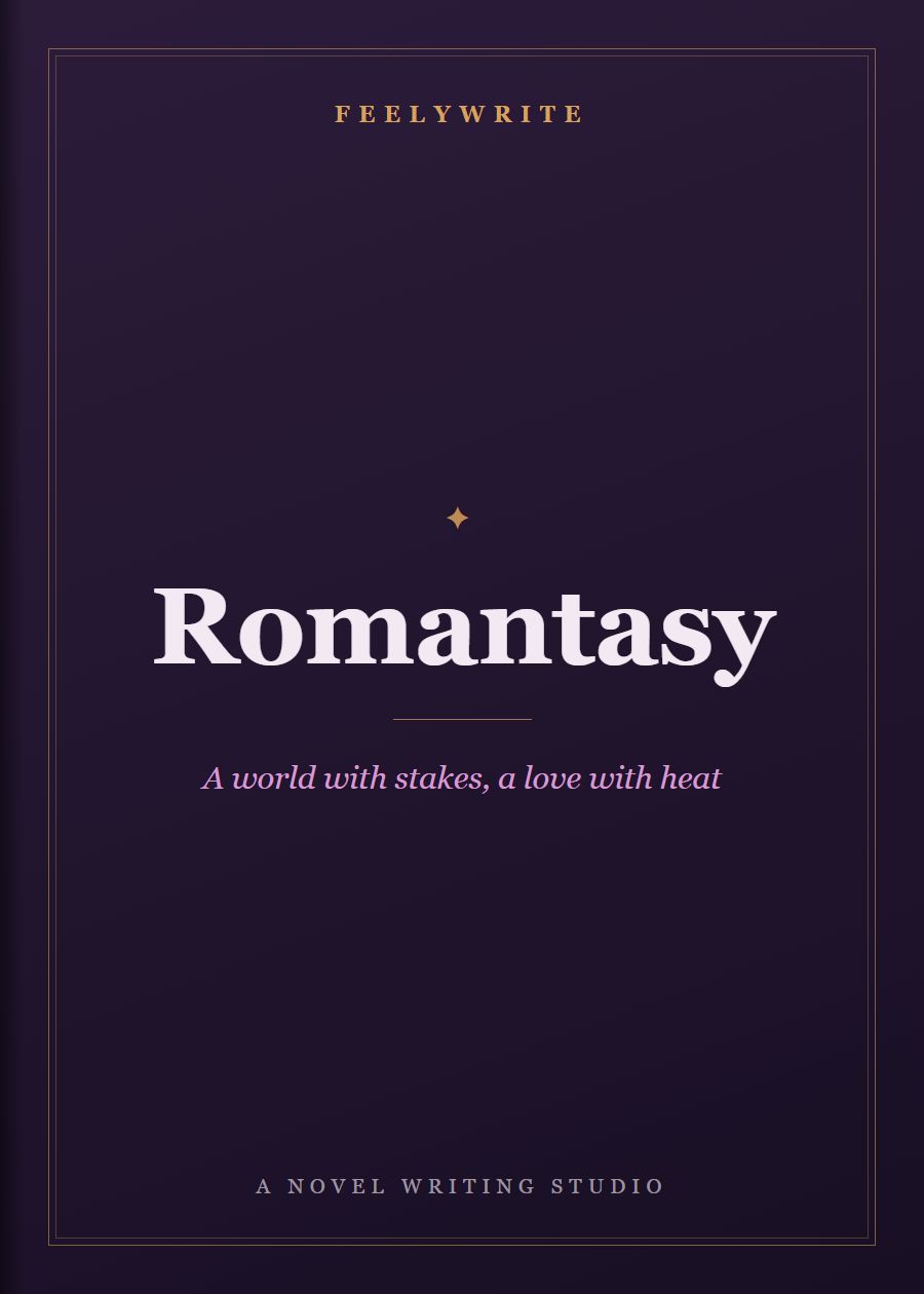Romantasy book cover from FeelyWrite with the line “A world with stakes, a love with heat”