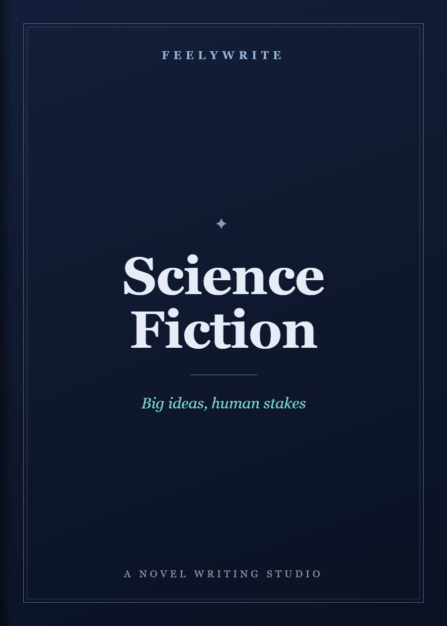 Sci-Fi book cover from FeelyWrite with the line “Big ideas, human stakes”