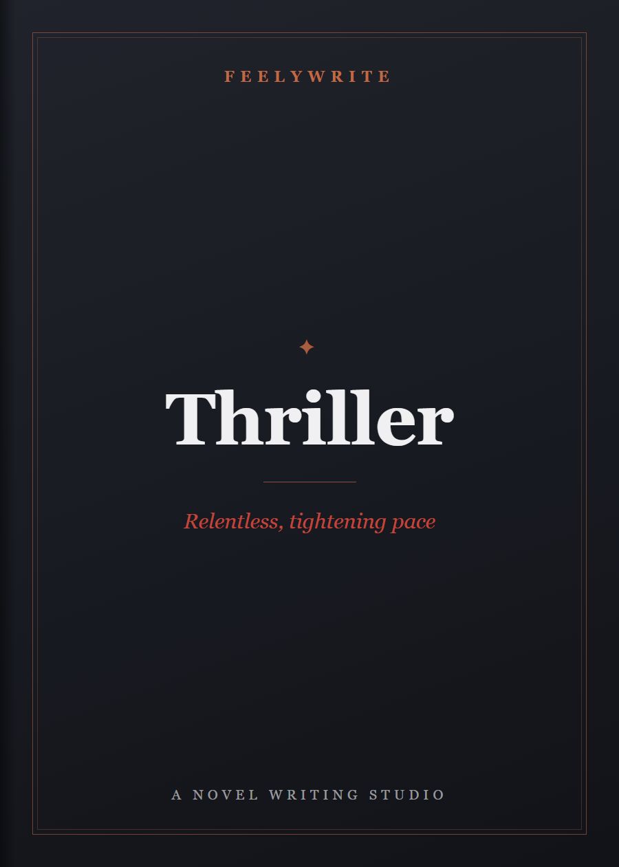 Thriller book cover from FeelyWrite with the line “Relentless, tightening pace”