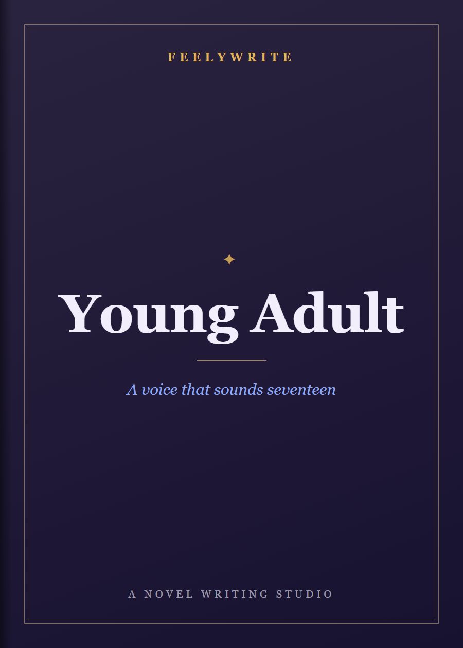 Book cover titled Young Adult with the line “A voice that sounds seventeen”, from the FeelyWrite novel writing studio