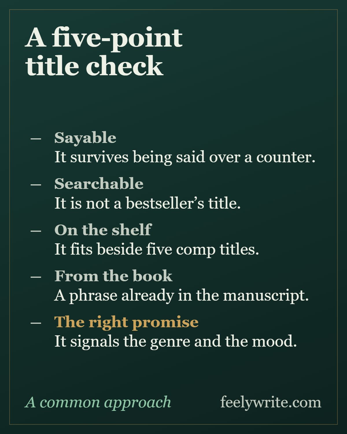 A five-point title check: sayable, searchable, fits beside its comp titles, taken from the book, and makes the right promise.